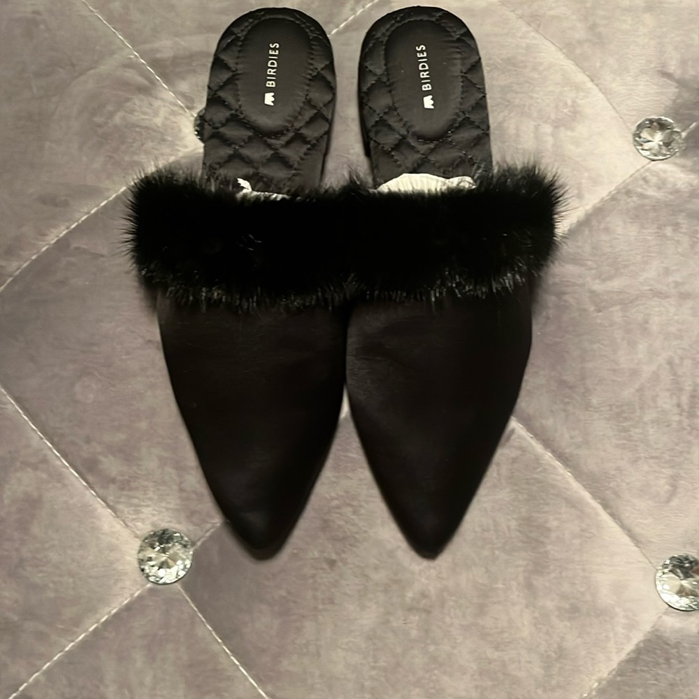 Birdies The Dove Onyx Black Women's Slip On Mink Fur Pointed Toe Mules
